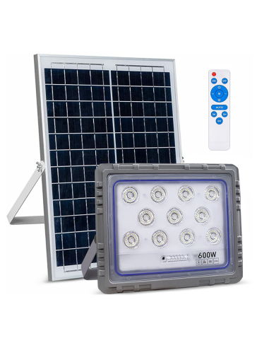 Faro Solare LED 600W con Pannello Solare Crepuscolare 6500K IP66 con Telecomando