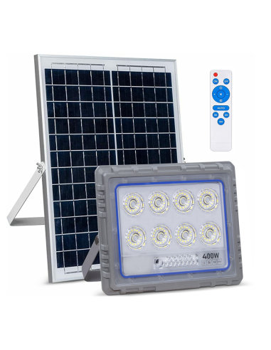 Faro Solare LED 400W con Pannello Solare Crepuscolare 6500K IP66 con Telecomando