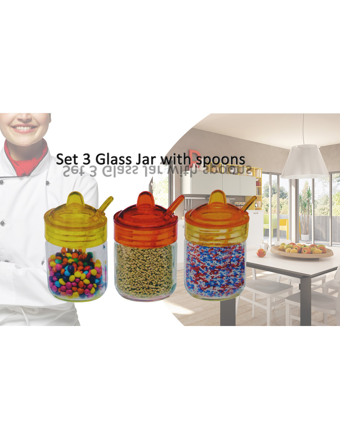Set 3 contenitori in vetro con coperchio e cucchiaio colorato