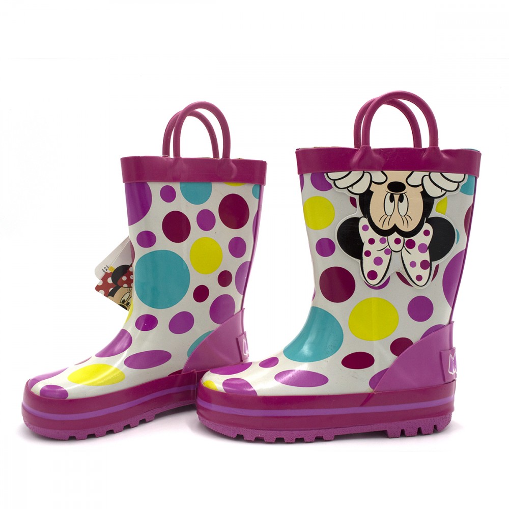 Stivali per bambina antiscivolo pioggia di gomma con Minnie rosa a Pois  02344