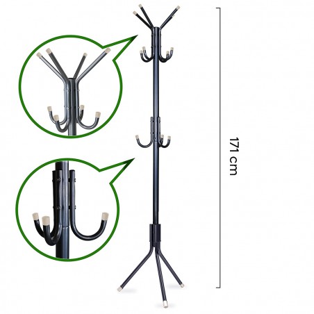 Attaccapanni Appendiabiti a Piantana in Metallo Nero con 11 Ganci Alto 171  cm