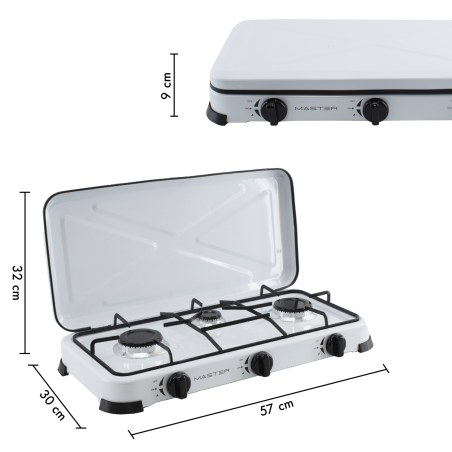 Fornello a Gas Portatile con 3 Fuochi e Coperchio 5.4kW 525886