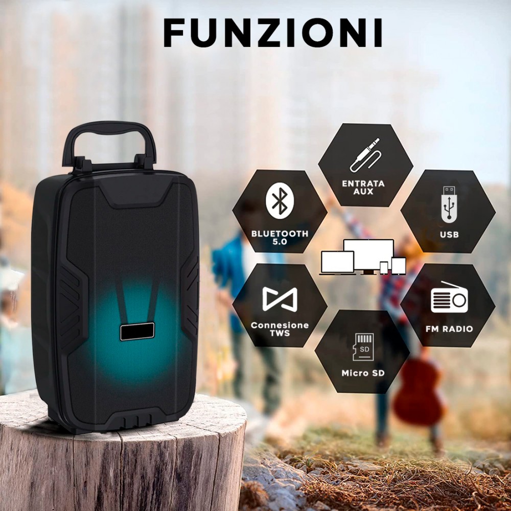 Cassa Bluetooth Amplificata Radio FM Portatile Batteria Ricaricabile e  Microfono