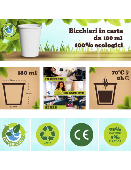 Pack 50pz Bicchieri di Carta 180ml Biodegradabili Compostabili Monouso per  Acqua